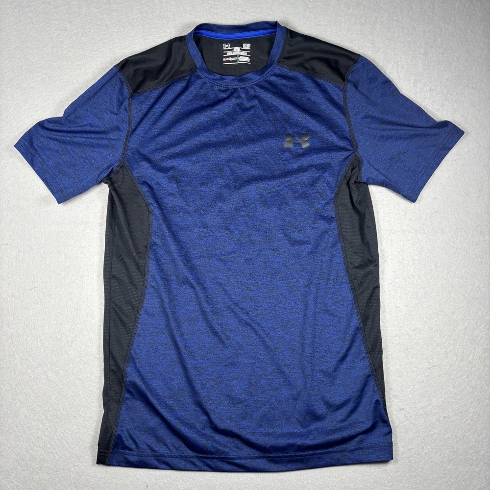 Under Armour HeatGear Mens S Small Fitted T-Shirt Blue Black Short Sleeve Gym